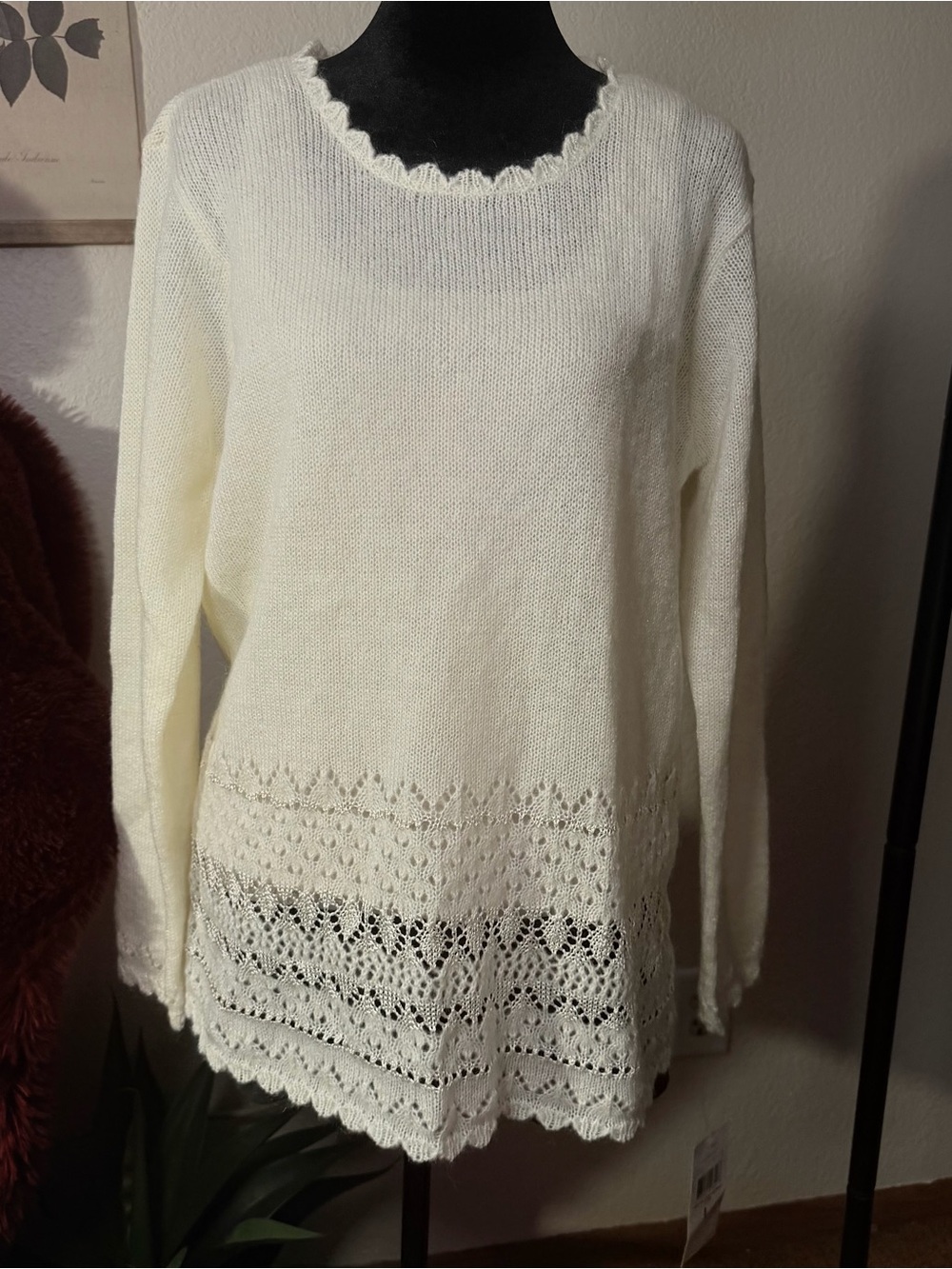 Brand New Vintage Cream Knit Lace Crochet Sweater